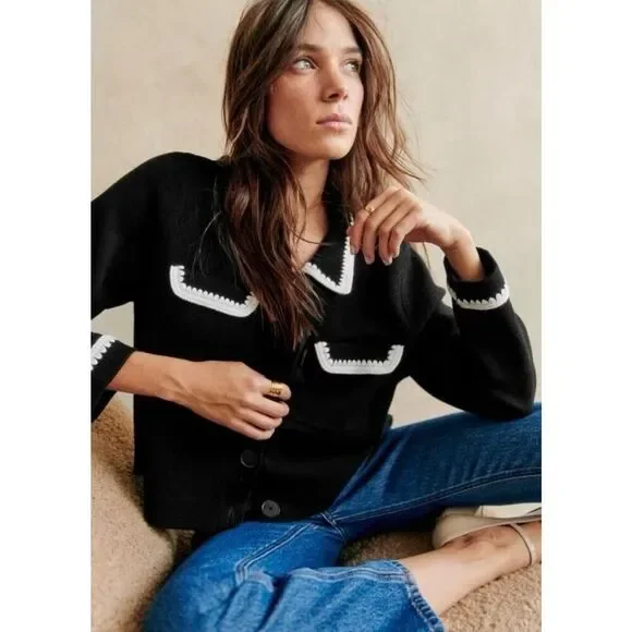 NWT Sézane Gilet Betty Wool Cardigan XXL Black Crochet Trim Button Front - Picture 3 of 10